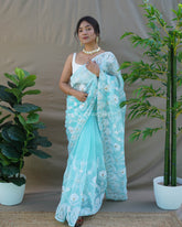Teal Chikankari Work Pure Organza Saree